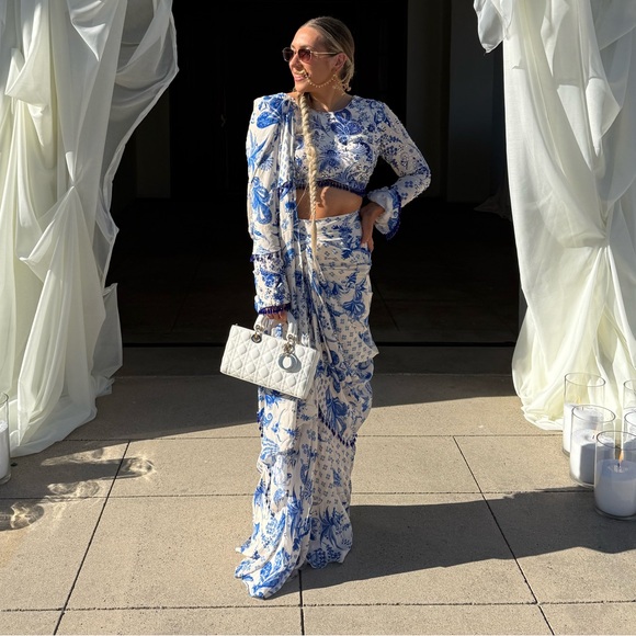 DiyaRajvvir Blue Crepe Floral Jaal Printed Skirt Saree Set / Size M - Picture 6 of 7